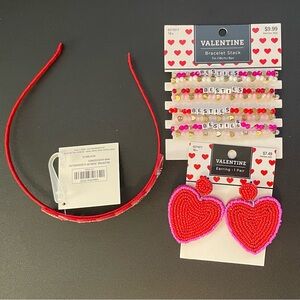 NWT VALENTINE DAY ACCESSORIES HEART EARRINGS BRACELET CRYSTAL HEADBAND LOT